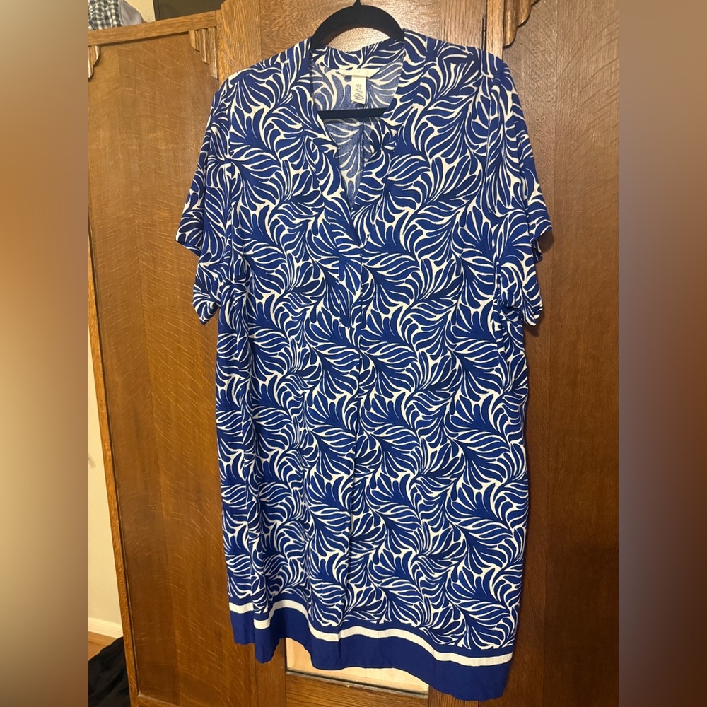 H&M Blue and White Print Viscose Tunic Dress, XL